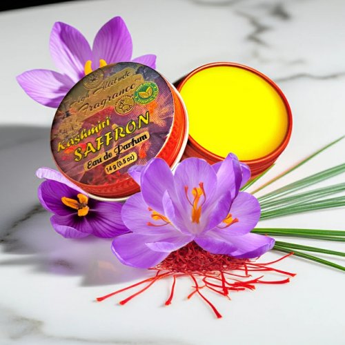 KASHMIRI SAFFRON Perfume — Eau de Parfum • Solid Balm • Aromatherapy Essential Oils (Crocus sativus, Tangerine, Lily, Vetiver, Benzoin, Hay) — Natural Fragrance
