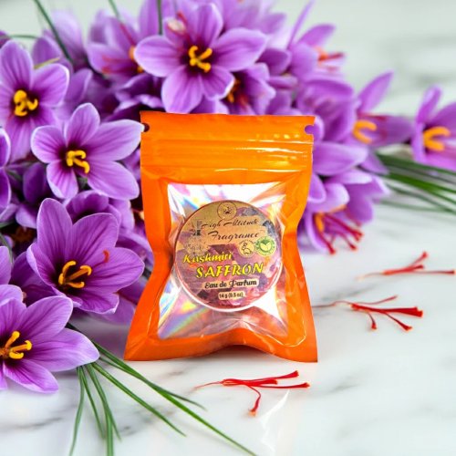 KASHMIRI SAFFRON Perfume — Eau de Parfum • Solid Balm • Aromatherapy Essential Oils (Crocus sativus, Tangerine, Lily, Vetiver, Benzoin, Hay) — Natural Fragrance